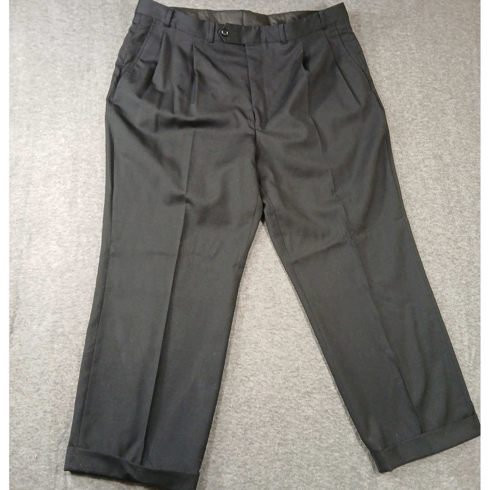 Stafford Dress Pants Mens 40x30 Black 100% Worsted Wool Double Pleated Cuffed